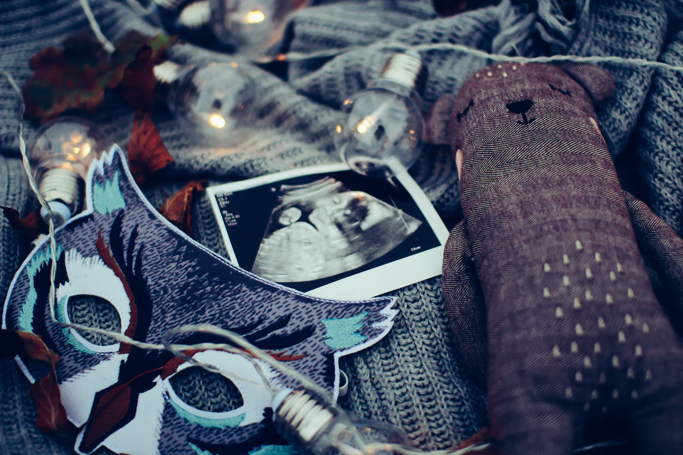 An ultrasound photograph beside a fabric toy and decorative lights on a knitted blanket.