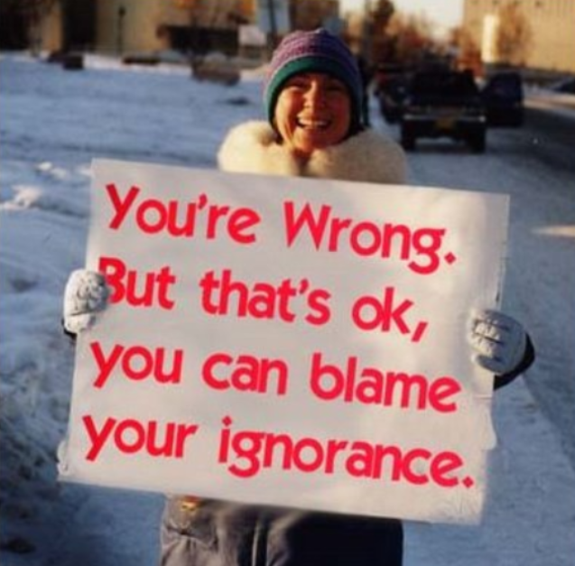 Do Pro-Choice Advocates Understand Late Term Abortions? A person in winter clothing holding a sign that reads, "You’re wrong. But that’s OK, you can blame your ignorance."